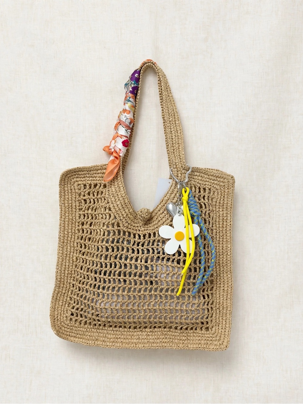 H&M Tan Woven Raffia Tote with Multicolor Handle and Floral Charm
